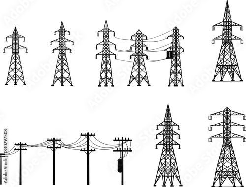 High-voltage transmission towers set, utility poles, electricity power lines, lattice structures, electrical grid infrastructure, energy distribution symbols, 
