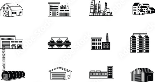 Industrial building icons collection, city skyline symbols, farm warehouse, garage, factory, storage tanks, refinery, urban and rural structures silhouette set, scalable vector illustration