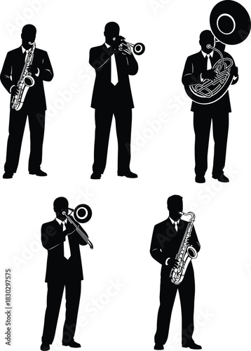 Jazz Band Musicians Silhouettes, Brass and Woodwind Instruments, Saxophone, Trumpet, Tuba Players in Suits, Live Music, Concert Performance, Minimal Vector Illustration
