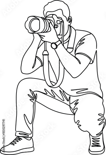 Photographer Illustration, Camera Lens, Crouching Shooting Pose, Professional Photography Concept, Line Art Sketch, DSLR Style, Photo Session Graphic, Creative Visual Storytelling Vector