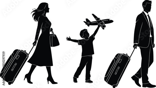 Traveling family silhouette, mother father child playing with toy airplane, rolling suitcases, airport journey, vacation tourism concept, modern travel symbols, black vector illustration clip art set