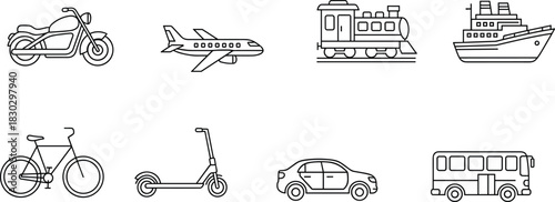 Transport vehicle icons outline set, motorcycle, airplane, train, ship, bicycle, electric scooter, car, bus, urban travel symbols isolated white background vector illustration