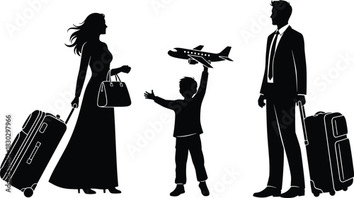 Traveling family silhouette, parents and child at airport, toy airplane, luggage bags, vacation journey, tourism concept, mobility, airline trip, parents child travel symbol clip art