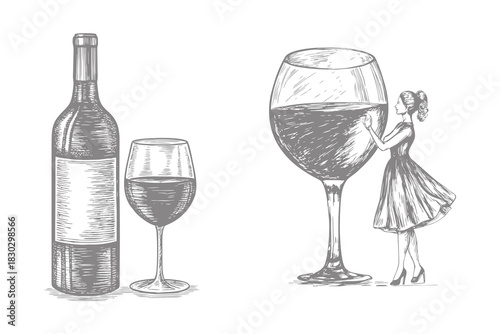 wine lifestyle culture illustration. isolated hand drawn sketch line art element with bunch of ripe grapes woman dressed in retro fashion holds wine bottle and filled wine glass. Eps 10