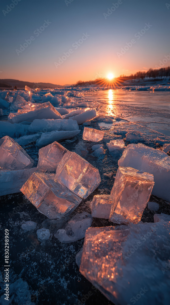 custom made wallpaper toronto digitalFrozen Lake Landscape at Sunrise with Ice Blocks and Golden Light Reflections, Winter Scenery with Ice Formations and Beautiful Sky, Cold Weather