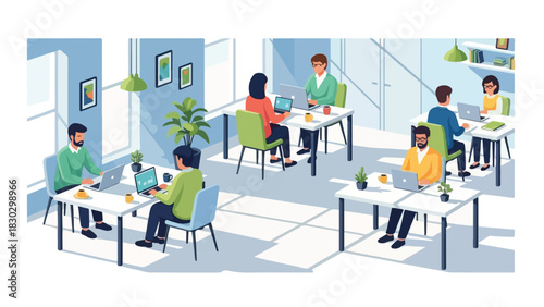 Bright and Modern Coworking Space with Diverse Professionals Collaborating and Working Remotely