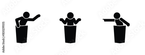 Silhouette speakers at podium expressing gestures of arguing, questioning and debating, symbolizing communication, discussion and public speaking concepts.