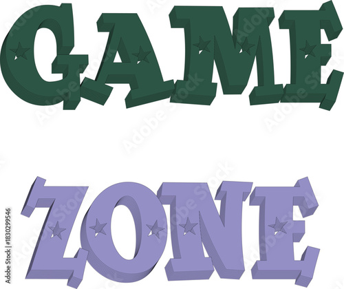 Game Zone Text with Stars and 3D Effect – Stylized 3D 'Game Zone' text, green and purple letters featuring star texture. Black background