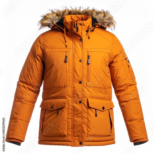 Full shot of a mustard-colored winter coat.  Faux fur hood.  Zipper and snap closure.  Multiple pockets.  Warm and insulated
