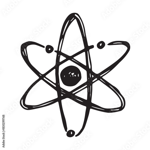 Hand drawn atom sign Molecule clipart in doodle style Single element for print, web, design, decor Symbol of science, education, nuclear energy, scientific research, molecular chemistry