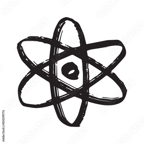 Hand drawn atom sign Molecule clipart in doodle style Single element for print, web, design, decor Symbol of science, education, nuclear energy, scientific research, molecular chemistry