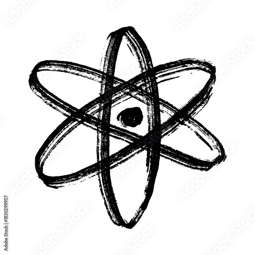 Hand drawn atom sign Molecule clipart in doodle style Single element for print, web, design, decor Symbol of science, education, nuclear energy, scientific research, molecular chemistry
