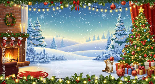 Cozy Christmas Scene: Fireplace, Snow, Decorated Tree, and Adorable Kitten - Perfect Winter Holiday Background