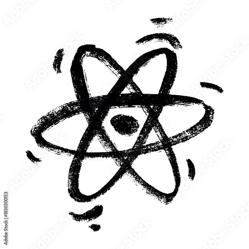 Hand drawn atom sign Molecule clipart in doodle style Single element for print, web, design, decor Symbol of science, education, nuclear energy, scientific research, molecular chemistry