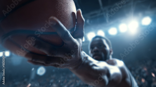 Close up basketball athlete action grip hand court spotlight. intense game moment under bright lights energy and focus