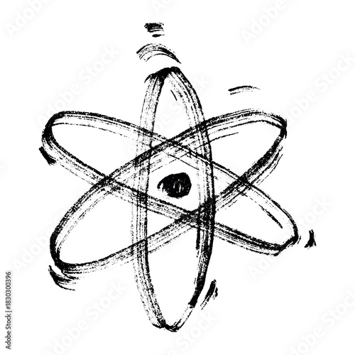 Hand drawn atom sign Molecule clipart in doodle style Single element for print, web, design, decor Symbol of science, education, nuclear energy, scientific research, molecular chemistry