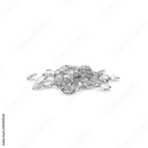 Group of polished white diamonds scattered on transparent background