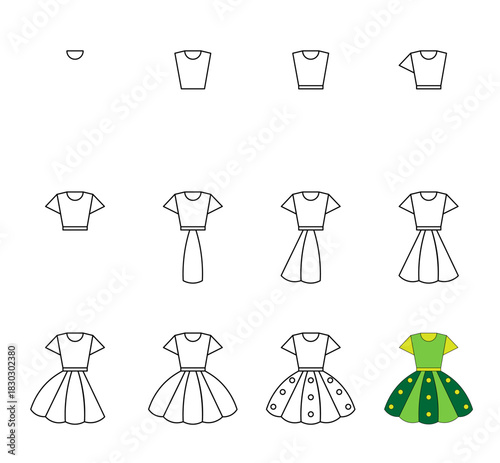 How to draw step by step? Worksheet easy guide to drawing girls dress.