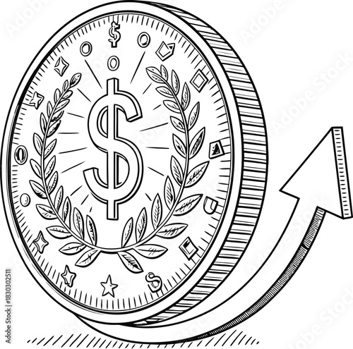 Stylized dollar coin with laurel wreath and rising arrow indicating financial growth and success