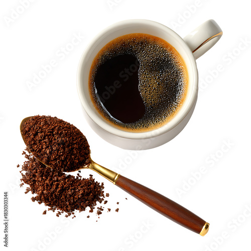 PNG file Coffee granules on a spoon, and a cup of freshly brewed coffee. The image highlights the rich color of the coffee, suggesting a moment of peace and enjoyment.
