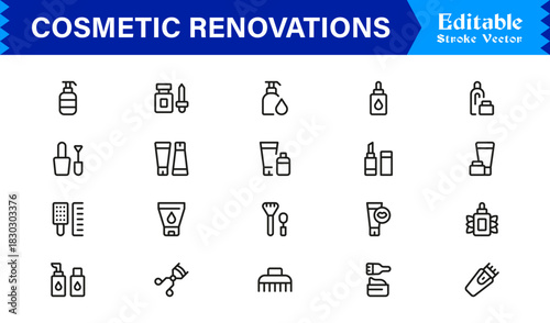 Cosmetic Renovations Line Icon Set with Professional Minimal Design and Modern Editable Elements for Construction and Home Improvement