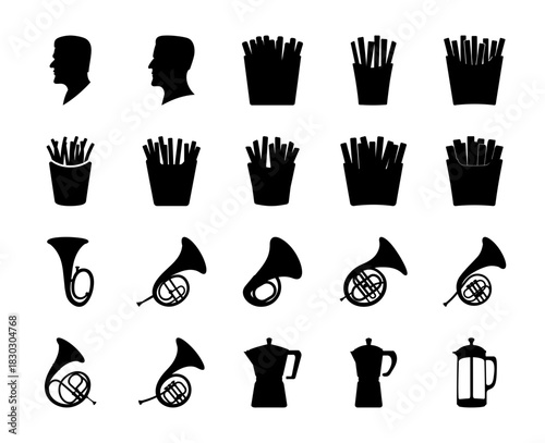 Assorted black silhouette icons: male profile, fries, french horn, coffee Vector