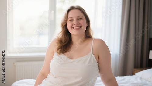 Free Download Caucasian woman in pajamas smiling refreshingly in morning bed - GFXLoad