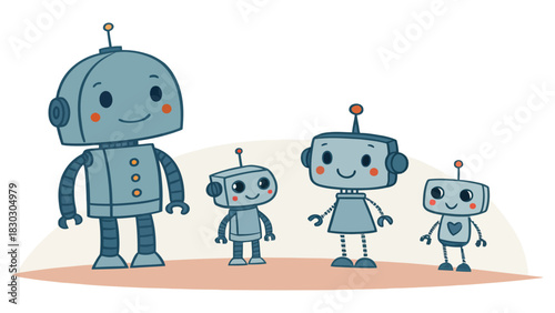 Delightful friendly cartoon robots standing together, perfect for children's books and cheerful designs