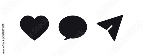 social media interaction icons: like, comment, share icon symbol ; heart, speech bubble, send or export icons
