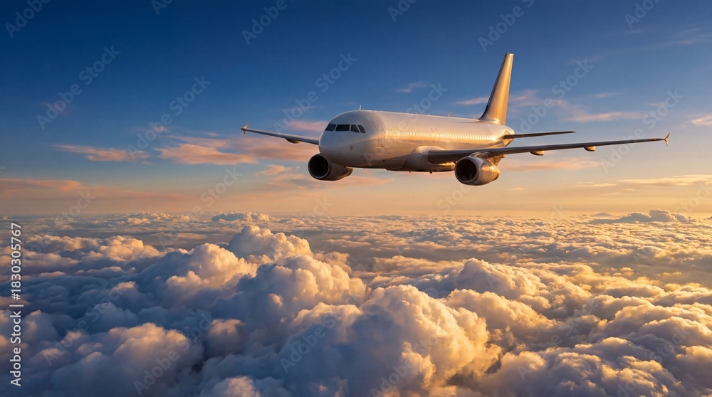 Obraz premium A commercial airplane flying above a sea of clouds during sunset with golden light illuminating the sky