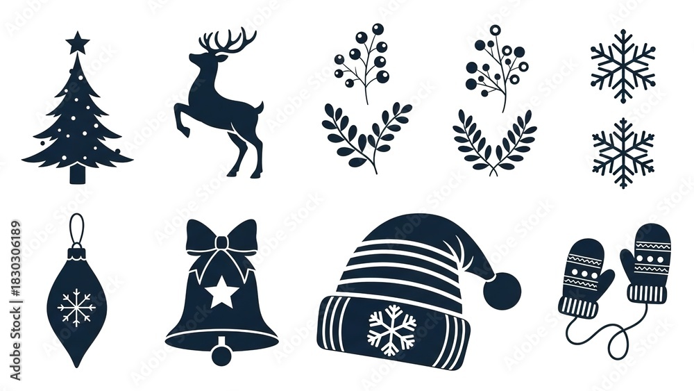 Fototapeta premium A collection of dark blue Christmas holiday icons including a tree, reindeer, bell, and winter accessories.