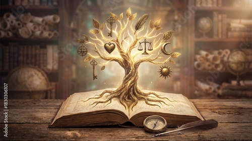 Enchanted golden tree with symbolic ornaments growing from an open book in a mystical library setting