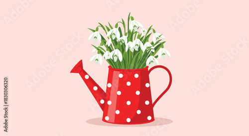 A cheerful red watering can filled with delicate white snowdrop flowers.