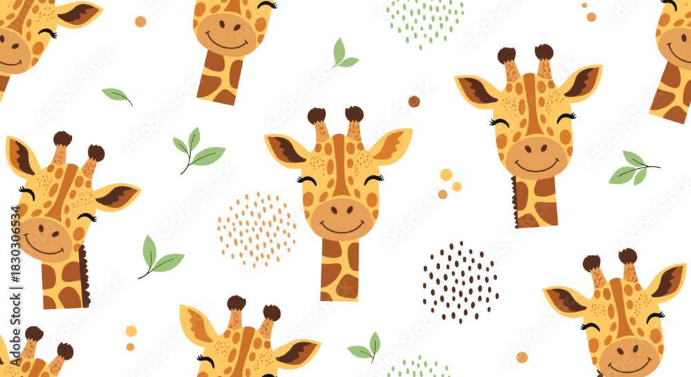 Fototapeta premium Cute smiling giraffes with leafy green accents on a white background.