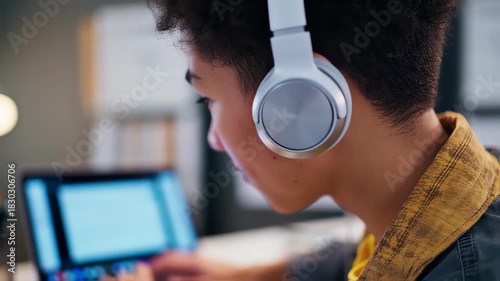 Focused Young Person Wearing Headphones Working on Laptop Computer.