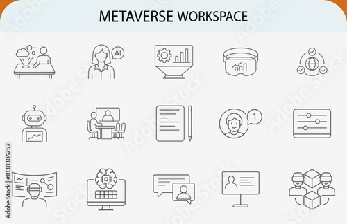 Metaverse workspace line icons, virtual meeting interview collaboration platform