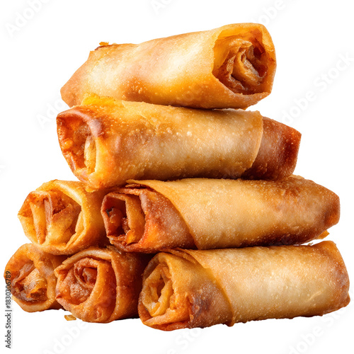 Stack of crispy fried spring rolls on white