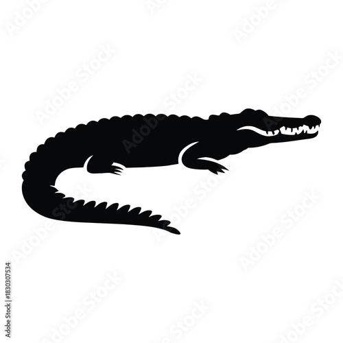 Crocodile basking or riverbank Vector, Silhouette, Illustration