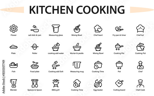 Kitchen cooking icons. chef, culinary, recipe, cooking, and food preparation line symbols.
