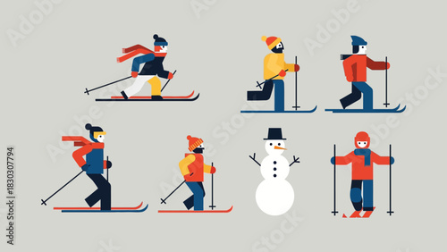 Winter activities and snow fun skiing and snowman building in a stylized flat design
