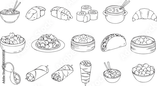 Simple outline vector icons set of international restaurant foods and cuisine dishes isolated PNG with Transparent Background
