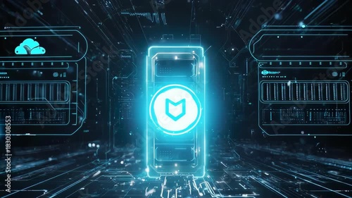 Futuristic Data Server with Glowing Blue Energy and Digital Connections.