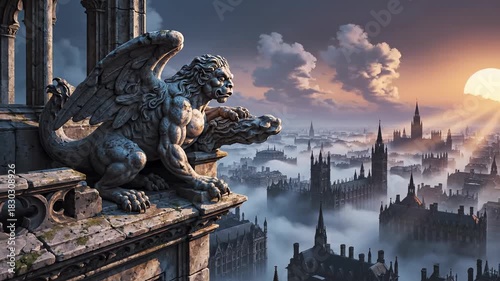Gargoyle Overlooking Cityscape - A Fantasy Architectural Scene.