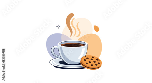 Inviting illustration of a steaming coffee cup with a cookie, set against soft, abstract shapes for a cozy atmosphere.