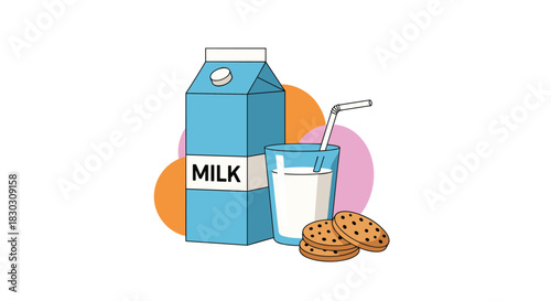 A charming cartoon illustration featuring a carton of milk, a glass of milk with a straw, and delicious chocolate chip cookies for a sweet treat.