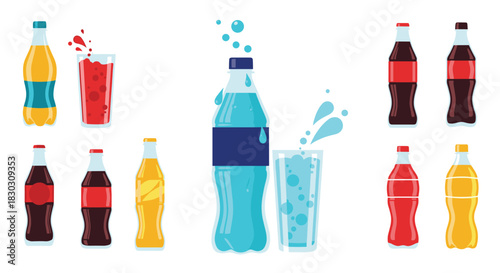 Assortment of refreshing soft drinks and water in colorful bottles and glasses, showcasing splashes and effervescence, on a white background.