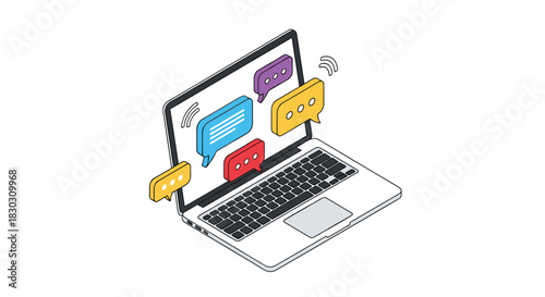 Laptop displaying multiple chat bubbles and wireless signals, symbolizing online communication and digital interaction.