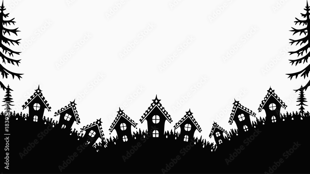 Naklejka premium Charming village silhouette with whimsical houses and trees, perfect for holiday crafting, spooky season designs, and fairytale themed projects