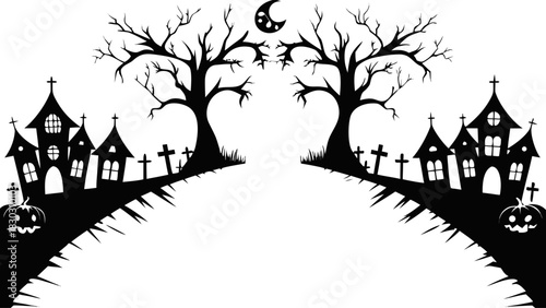 Spooky Halloween Night Scene with Haunted Houses, Silhouetted Trees and Smiling Pumpkins Under Crescent Moon, Perfect for Holiday Invitations and Greetings