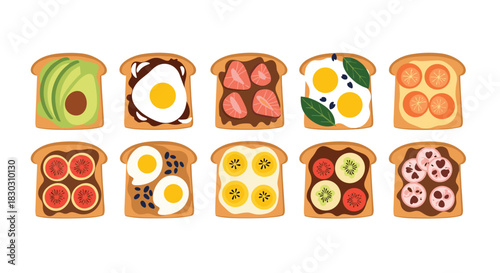 A colorful assortment of ten delicious toast creations, featuring a variety of sweet and savory toppings for diverse culinary preferences.